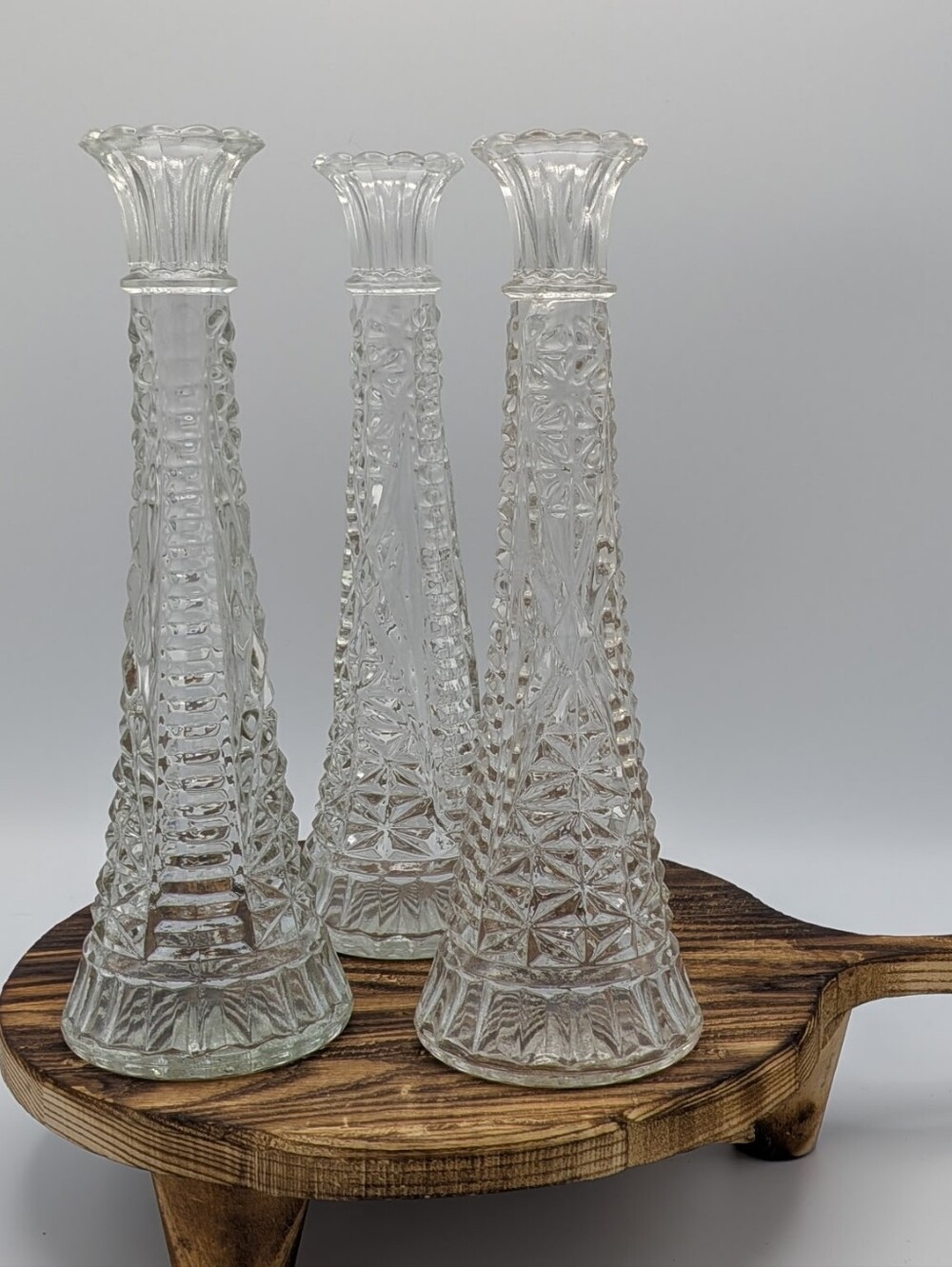 Vintage 9 inch glass bud vases with geometric pattern Set Of 3
